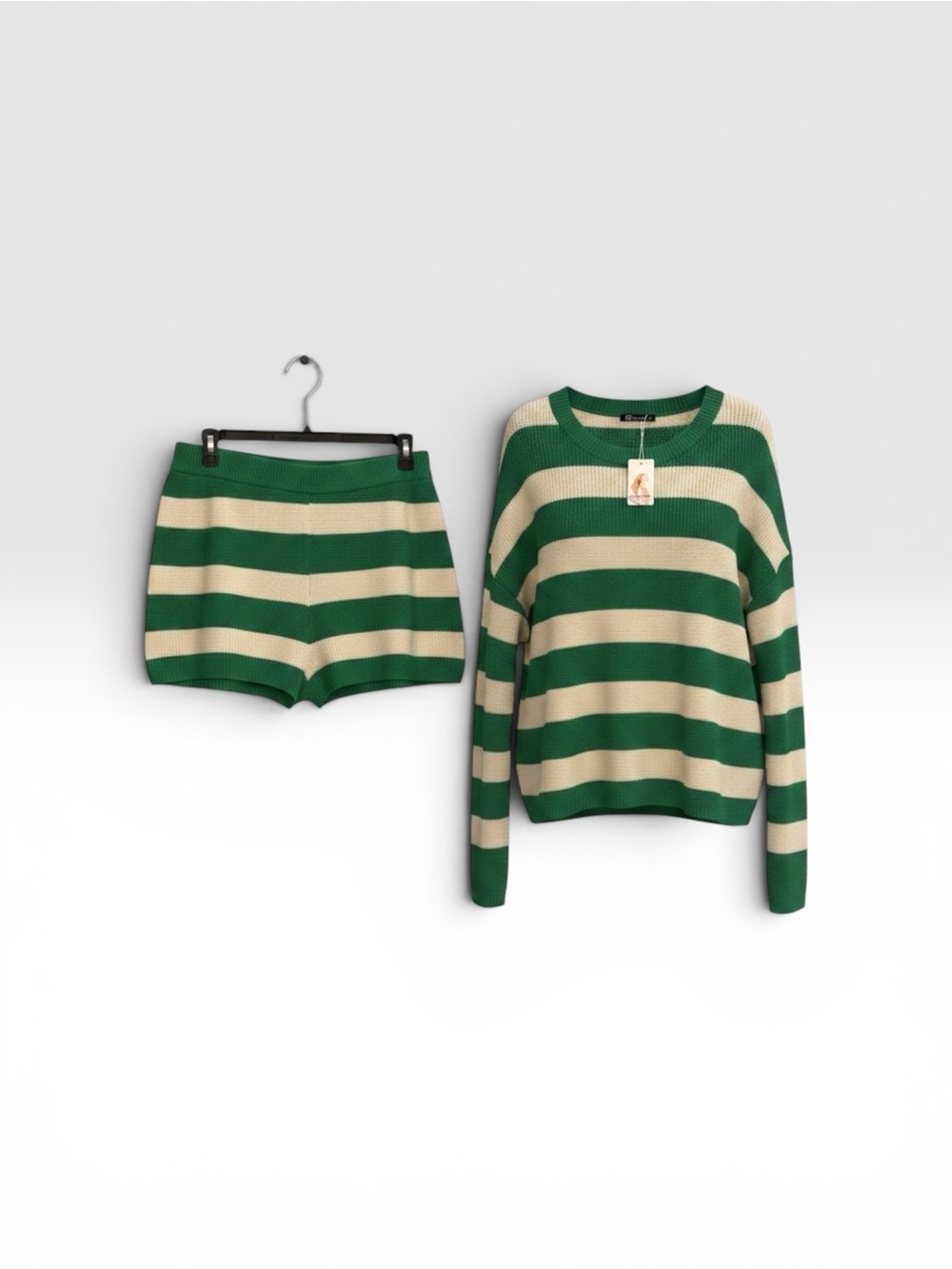 Striped Green & Cream Knit Sweater and Shorts Set